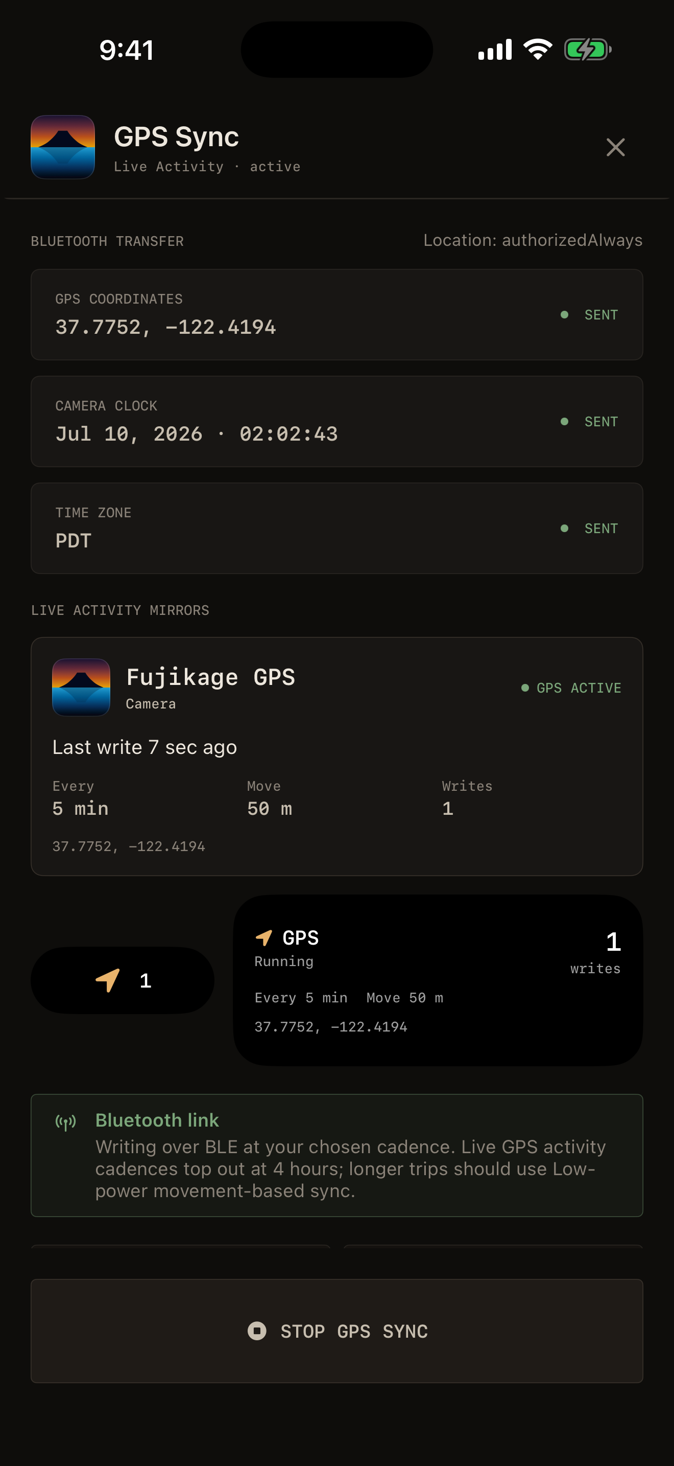 GPS Sync screen with the Live Activity mirror and write cadence